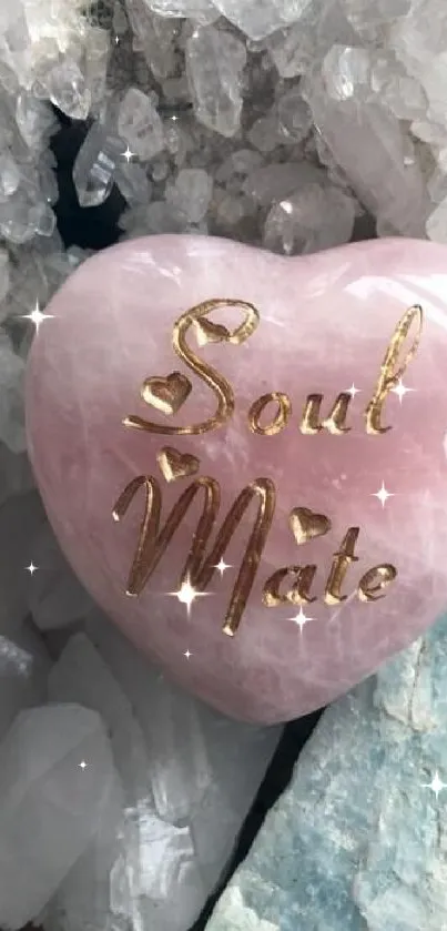 Romantic pink crystal heart with 'Soul Mate' text on crystal background.