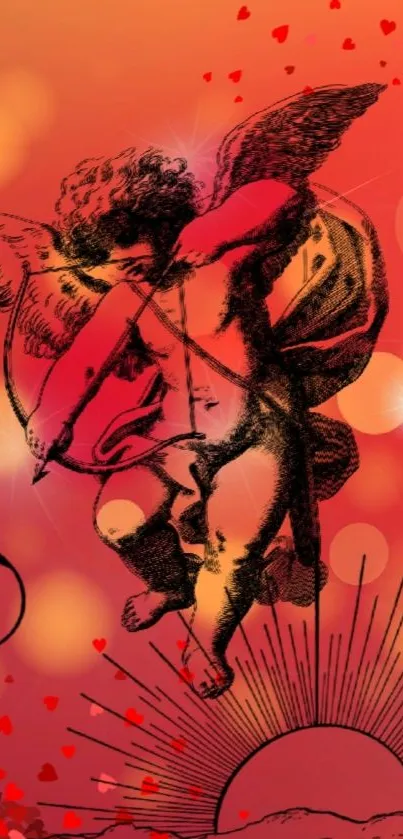 Mobile wallpaper featuring a Cupid angel against a heart-filled sunset background.