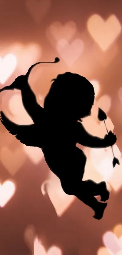 Romantic Cupid silhouette with heart-shaped bokeh background.