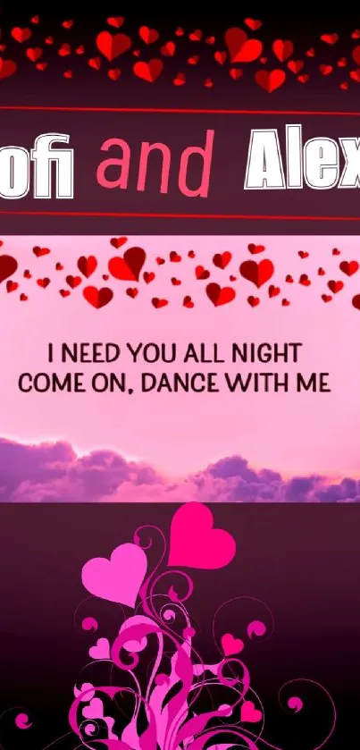 Romantic mobile wallpaper with pink hearts and dance theme.