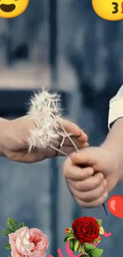 Hands exchanging dandelion with emojis, symbolizing love and connection.