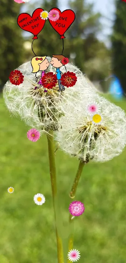 Romantic dandelion wallpaper with cute characters and colorful flowers.