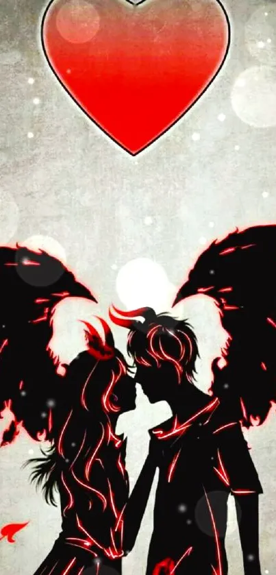 Dark romantic angel couple wallpaper with red accents