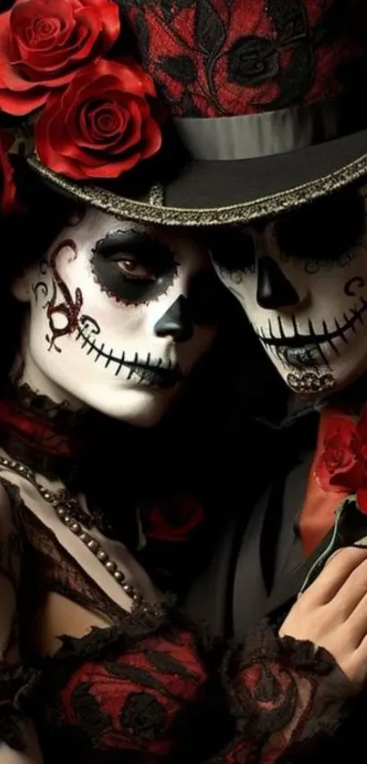 Romantic Day of the Dead wallpaper with gothic face paint and red floral details.