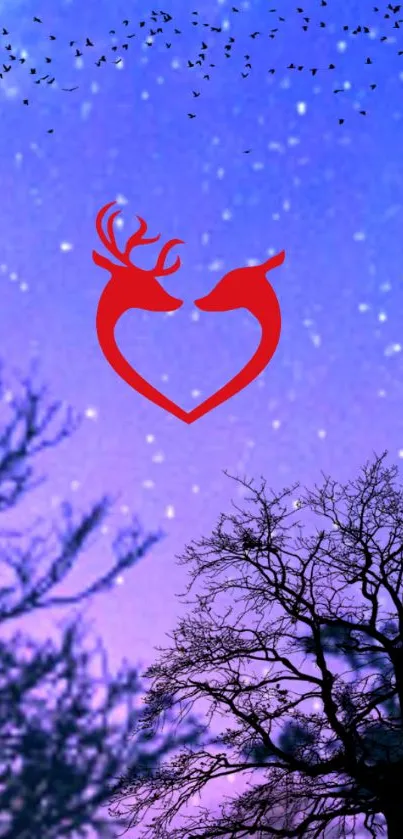 Romantic red deer heart on a purple starry night sky wallpaper.