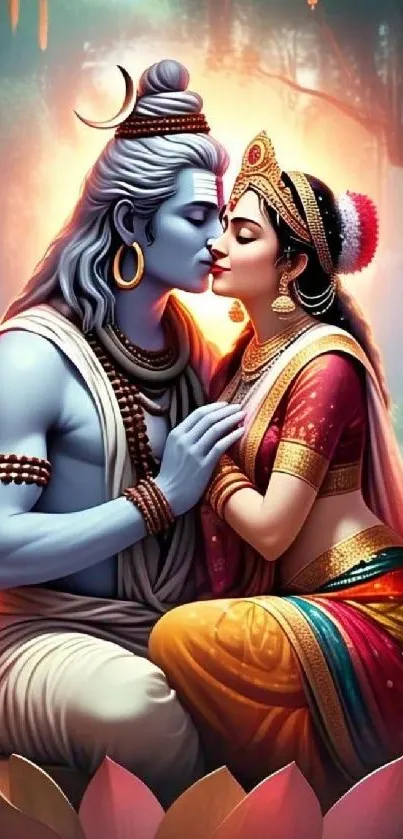 Two deities in a loving embrace, colorful art.