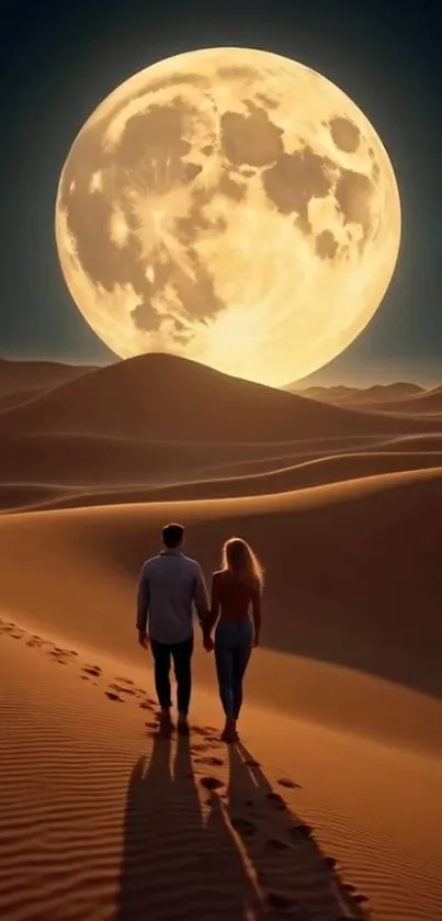 Couple walking in desert under full moon.