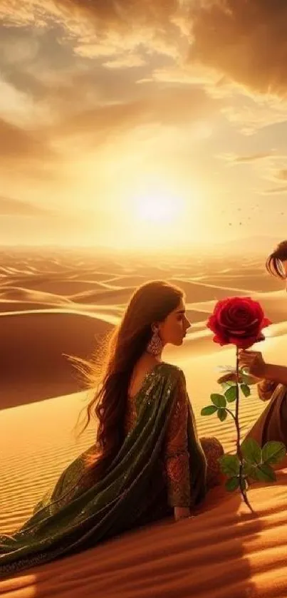 A couple sitting in a desert at sunset with a large red rose.