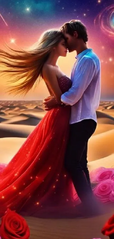 A couple embraces in a desert under a vibrant sunset and galaxy sky.