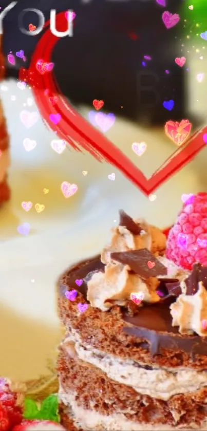 Heart-themed dessert wallpaper with chocolate and raspberries.