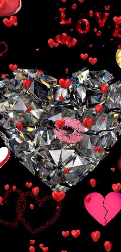 Diamond heart with red and gold accents on a black background.