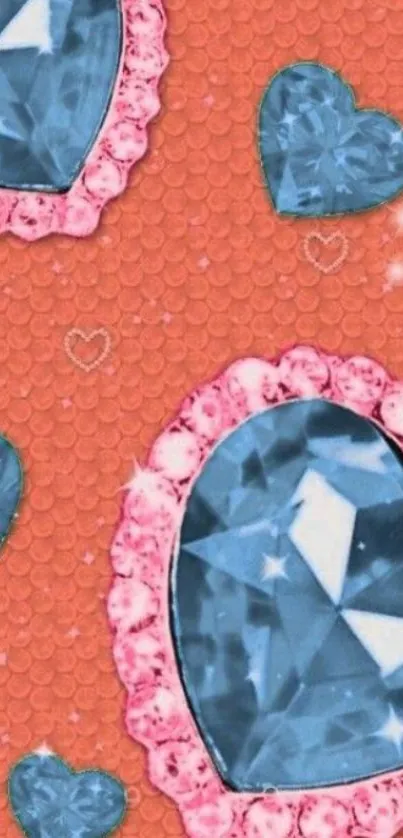 Blue diamond hearts with pink rims on an orange background.