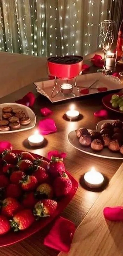 Romantic candlelit dinner setup with strawberries and elegant decor.