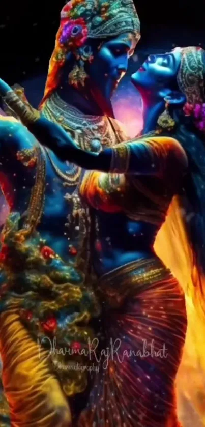 Divine couple in romantic celestial dance with vibrant colors.