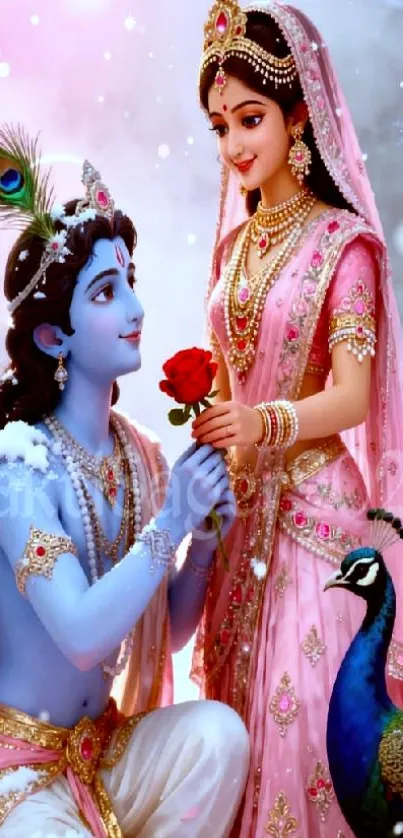 Divine romantic illustration with peacock and vibrant colors.