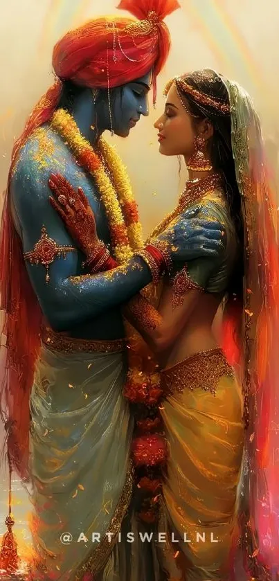 Romantic divine beings in colorful attire with blue and orange hues.