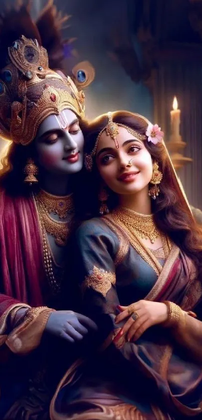 Divine couple in romantic, ethereal art scene with deep hues.