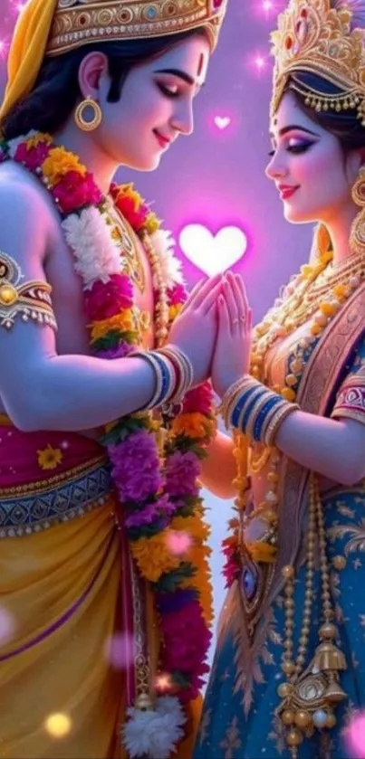Divine couple in traditional attire with a glowing heart between them.