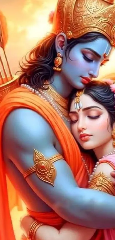 Artistic depiction of a divine romantic embrace with vibrant colors.