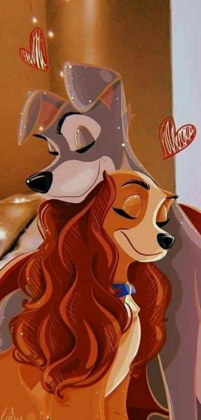 Cute romantic dogs cartoon mobile wallpaper in warm tones.