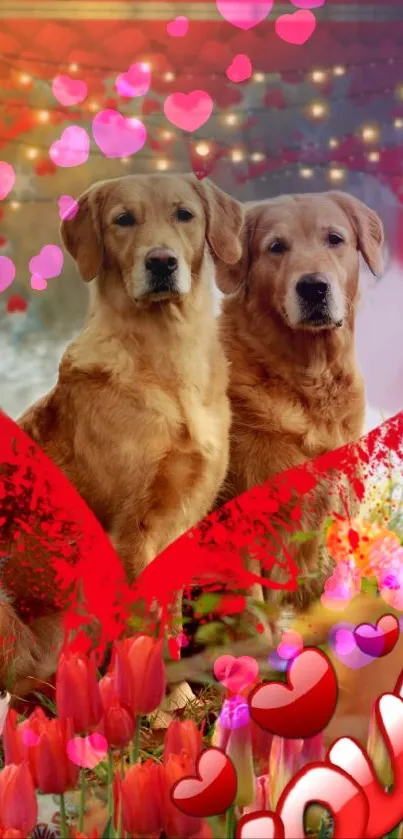 Romantic wallpaper with dogs and tulips.