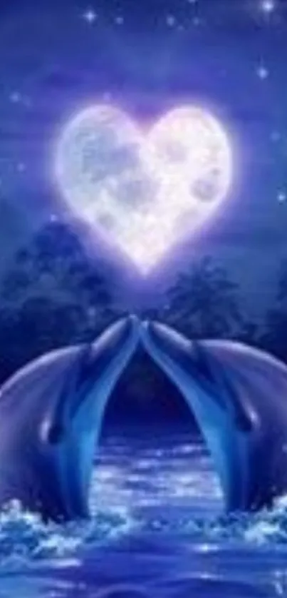 Dolphins kissing under heart-shaped moon in starry night.