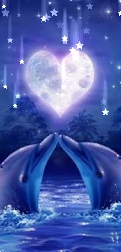 Dolphins beneath a heart-shaped moon with stars in a romantic ocean night scene.