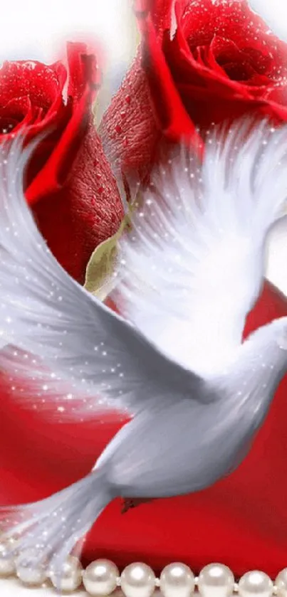 White dove with red roses and heart-shaped background.