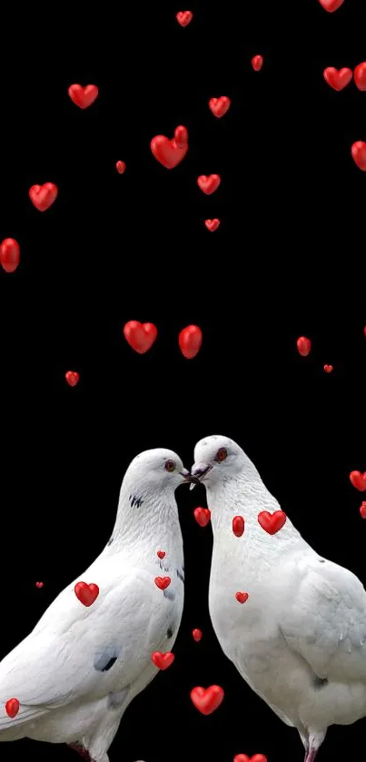 Romantic doves with red hearts wallpaper.