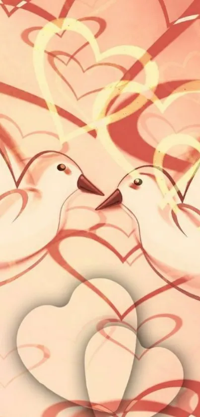 Romantic wallpaper with doves and hearts in peach tones.