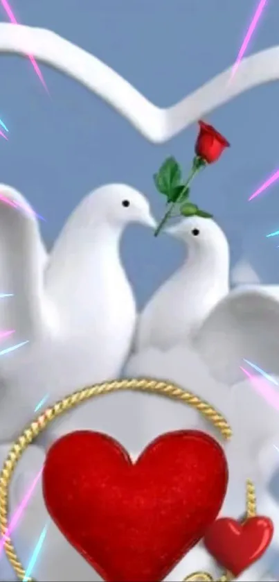 Romantic scene with doves, heart, and rose on blue background.