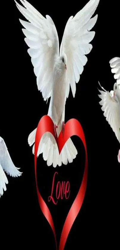 Wallpaper featuring white doves and a red heart symbolizing love and peace.