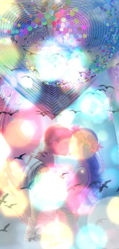 Romantic couple in colorful, whimsical mobile wallpaper.