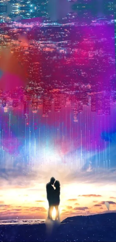 Romantic couple silhouette with vibrant dreamscape background.