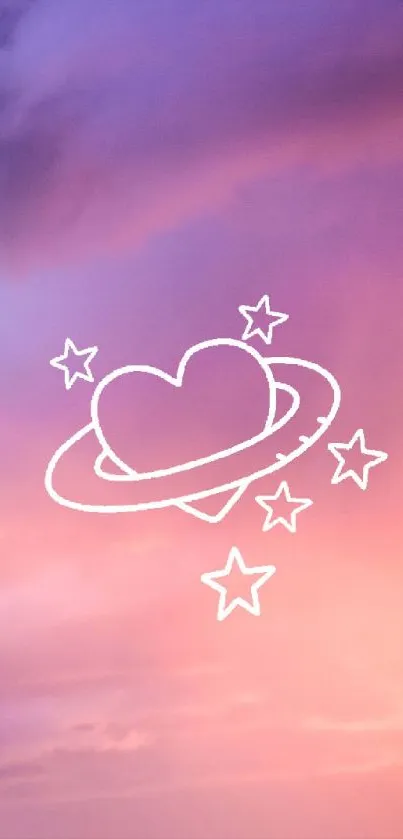 Heart and stars in a dreamy pink and purple sky wallpaper.