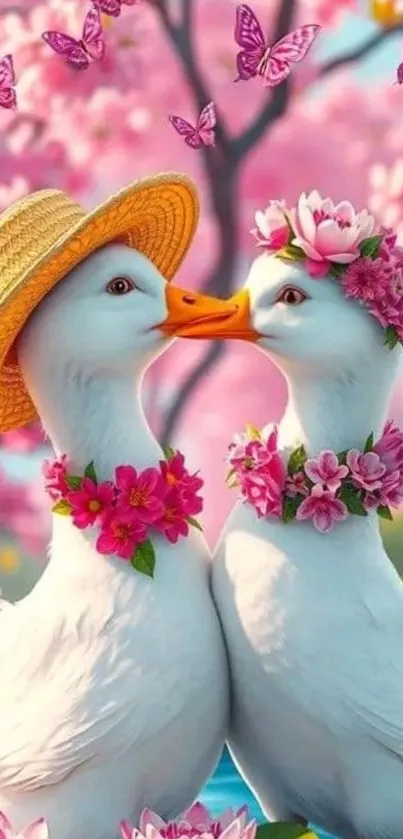 Ducks with flowers and hats in a springtime scene.