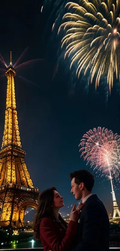 Eiffel Tower with fireworks and a couple at night.