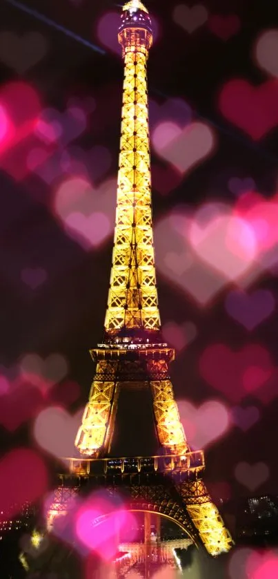 Romantic Eiffel Tower with glowing pink hearts at night.