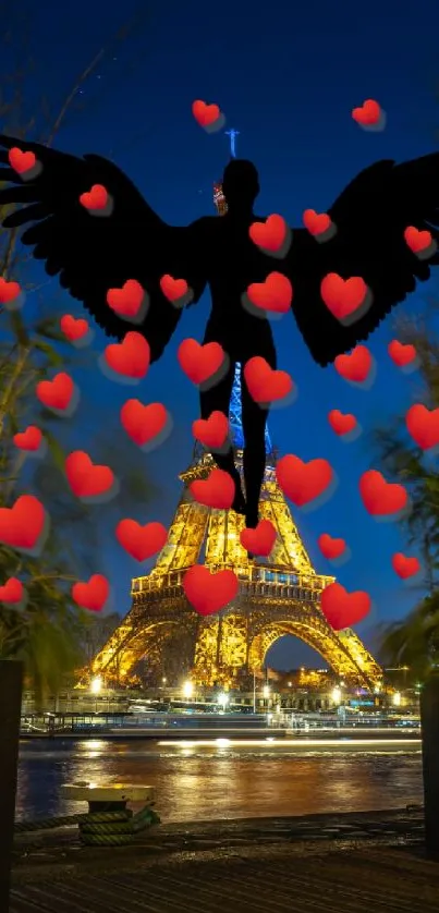 Silhouette image with hearts and Eiffel Tower at night.