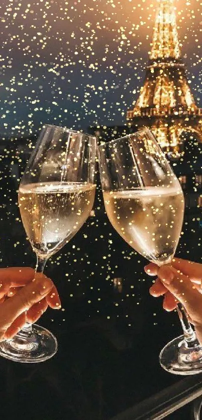 Romantic toast with champagne against a lit Eiffel Tower backdrop in Paris at night.