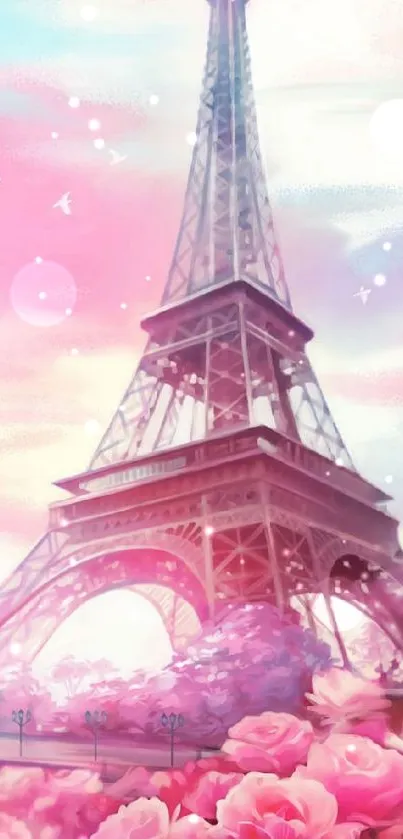 Romantic Eiffel Tower with pink sky and roses.