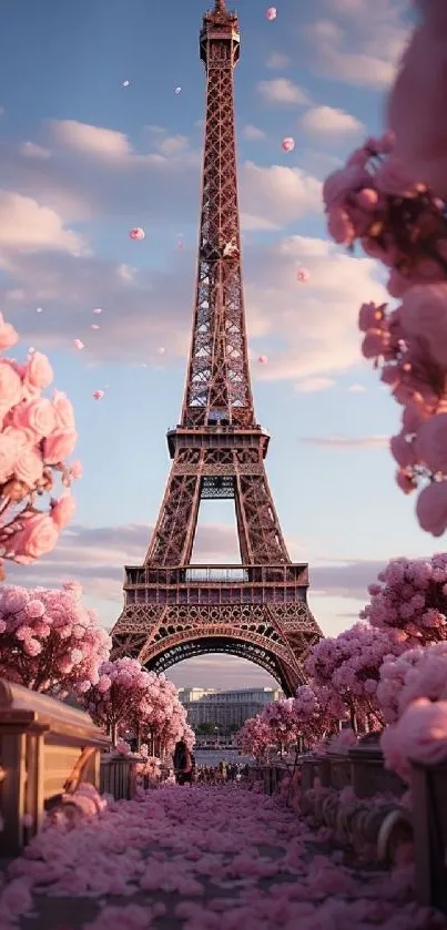 Eiffel Tower framed by pink blossoms at sunset.