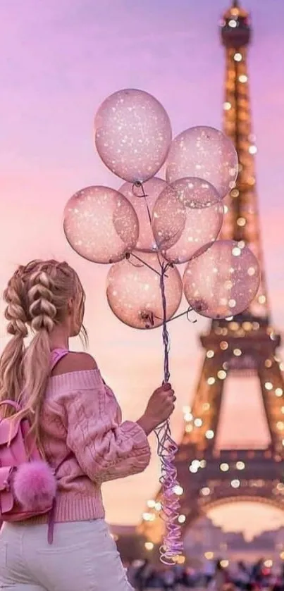 A romantic view of the Eiffel Tower with balloons and pastel pink colors.