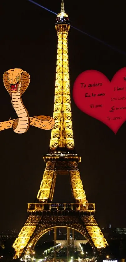 Eiffel Tower at night with a red heart and snake design.