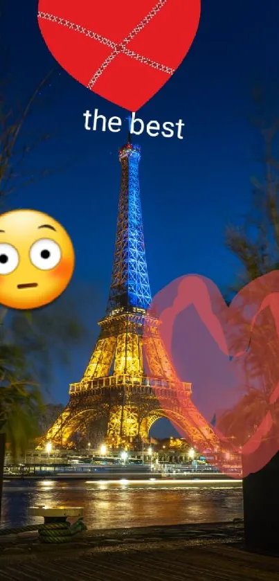 Romantic Eiffel Tower at night with heart icons and emoji.