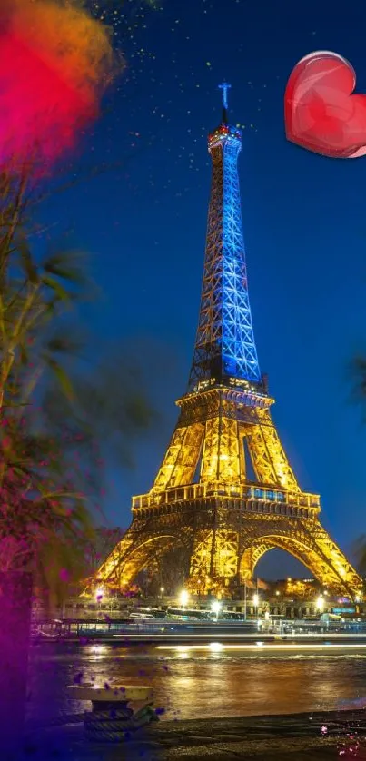 Romantic Eiffel Tower at night with colorful lights and red heart.