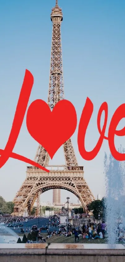 Eiffel Tower with red 'Love' text overlay on a blue sky background.