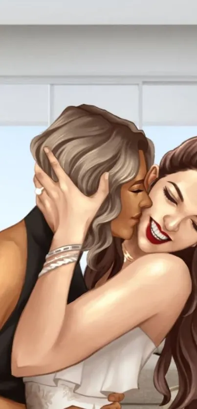 Artistic depiction of a romantic embrace with two individuals in warm tones.