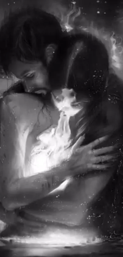 Monochrome artwork of a couple embracing passionately underwater.