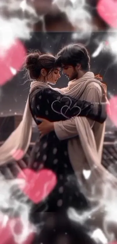 Romantic couple embracing with hearts in background.